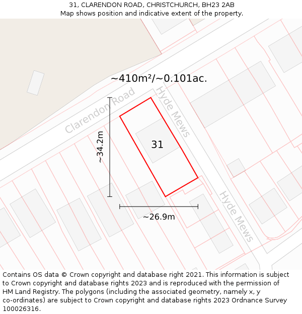 31, CLARENDON ROAD, CHRISTCHURCH, BH23 2AB: Plot and title map