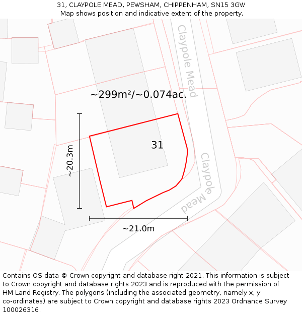 31, CLAYPOLE MEAD, PEWSHAM, CHIPPENHAM, SN15 3GW: Plot and title map