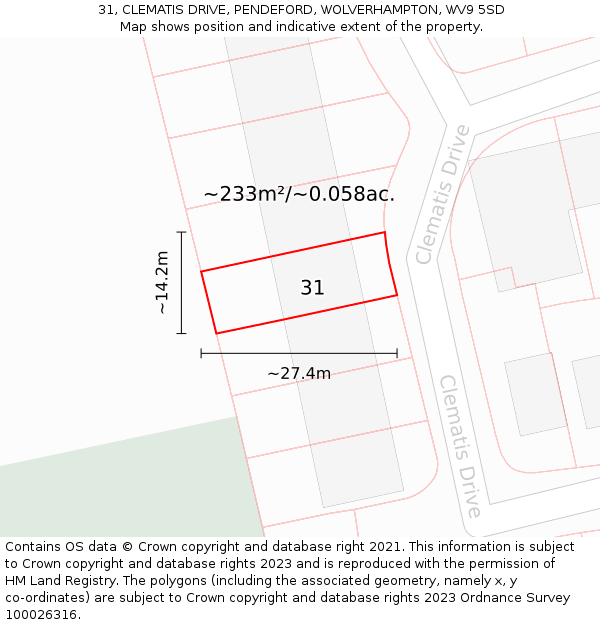 31, CLEMATIS DRIVE, PENDEFORD, WOLVERHAMPTON, WV9 5SD: Plot and title map