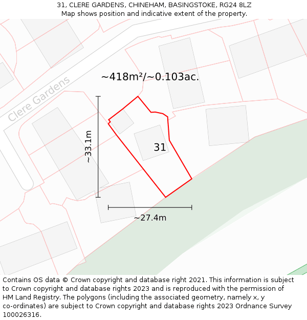 31, CLERE GARDENS, CHINEHAM, BASINGSTOKE, RG24 8LZ: Plot and title map