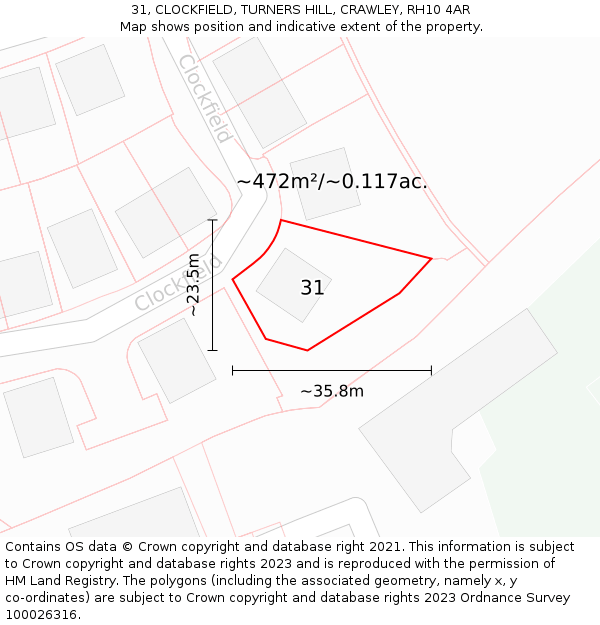 31, CLOCKFIELD, TURNERS HILL, CRAWLEY, RH10 4AR: Plot and title map