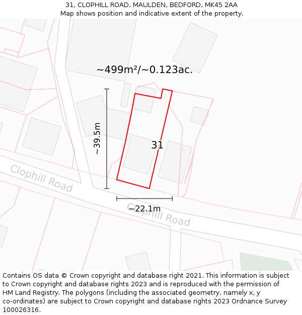 31, CLOPHILL ROAD, MAULDEN, BEDFORD, MK45 2AA: Plot and title map