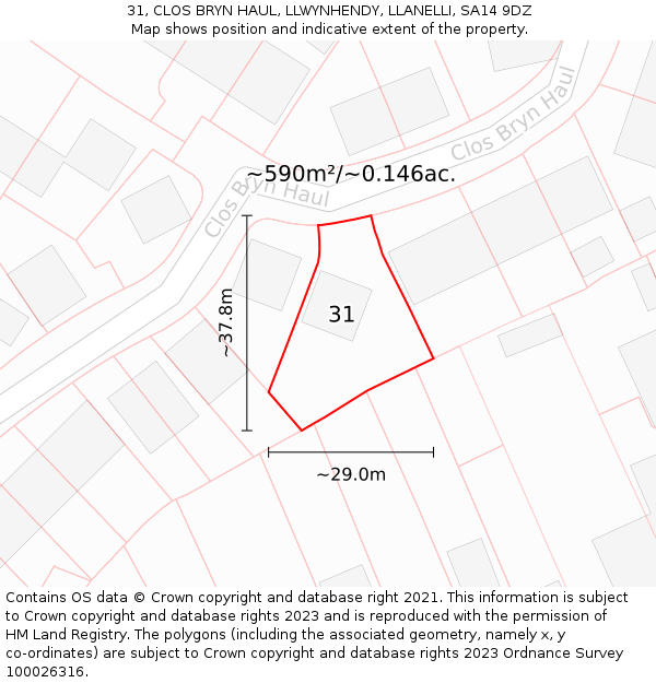 31, CLOS BRYN HAUL, LLWYNHENDY, LLANELLI, SA14 9DZ: Plot and title map