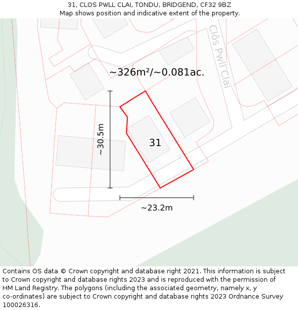 31, CLOS PWLL CLAI, TONDU, BRIDGEND, CF32 9BZ: Plot and title map