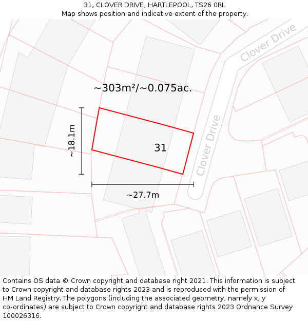 31, CLOVER DRIVE, HARTLEPOOL, TS26 0RL: Plot and title map