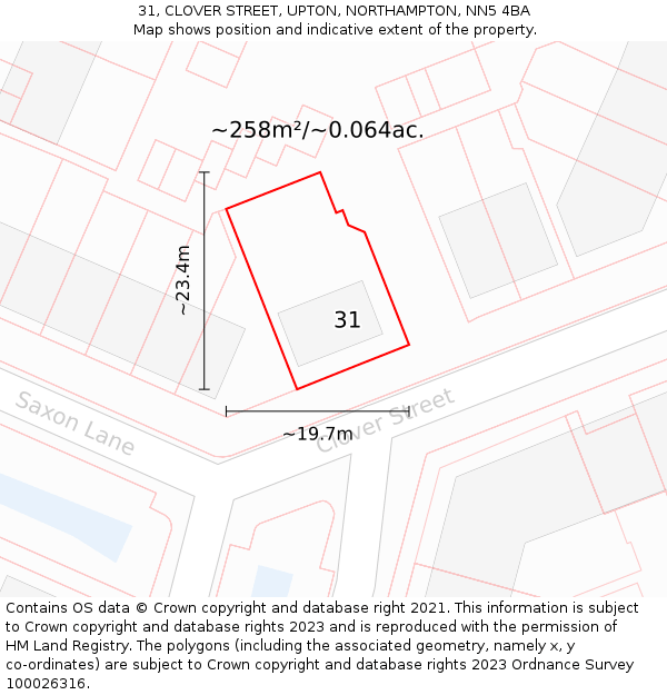 31, CLOVER STREET, UPTON, NORTHAMPTON, NN5 4BA: Plot and title map