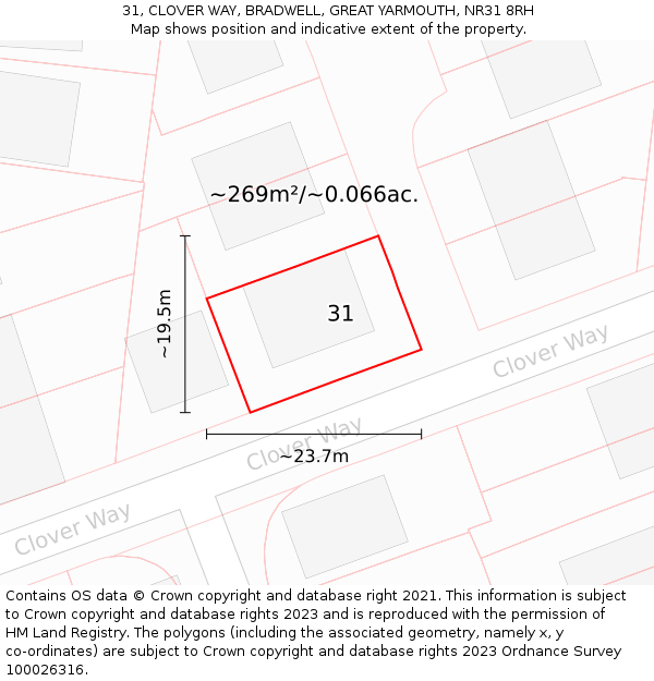 31, CLOVER WAY, BRADWELL, GREAT YARMOUTH, NR31 8RH: Plot and title map