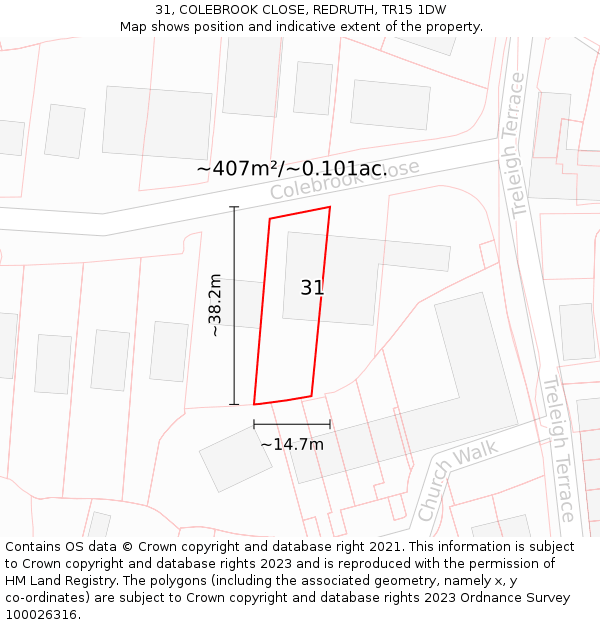 31, COLEBROOK CLOSE, REDRUTH, TR15 1DW: Plot and title map