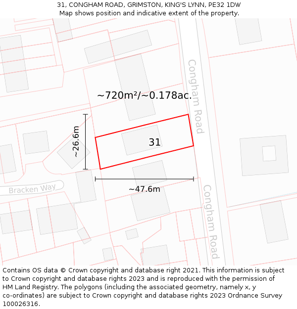 31, CONGHAM ROAD, GRIMSTON, KING'S LYNN, PE32 1DW: Plot and title map