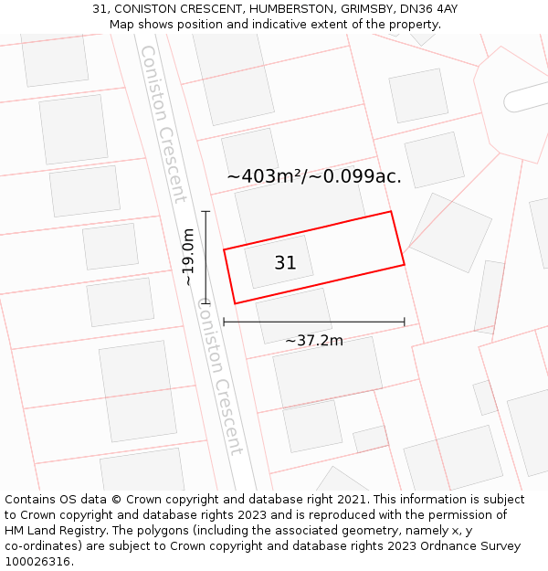 31, CONISTON CRESCENT, HUMBERSTON, GRIMSBY, DN36 4AY: Plot and title map