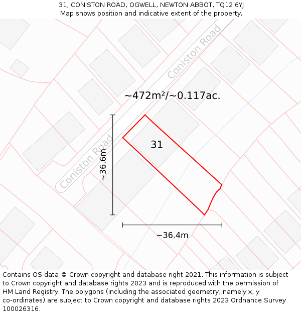 31, CONISTON ROAD, OGWELL, NEWTON ABBOT, TQ12 6YJ: Plot and title map