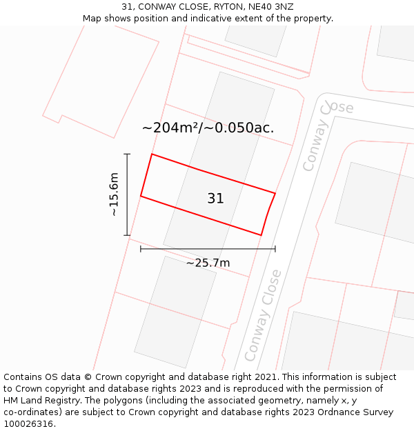 31, CONWAY CLOSE, RYTON, NE40 3NZ: Plot and title map