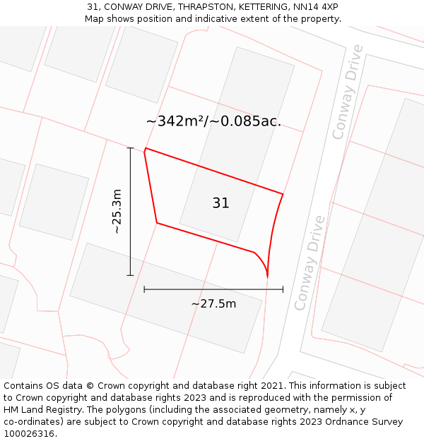 31, CONWAY DRIVE, THRAPSTON, KETTERING, NN14 4XP: Plot and title map