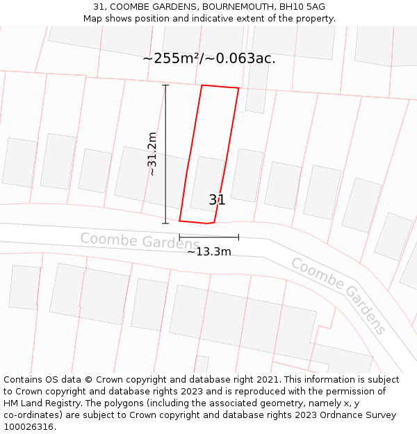 31, COOMBE GARDENS, BOURNEMOUTH, BH10 5AG: Plot and title map