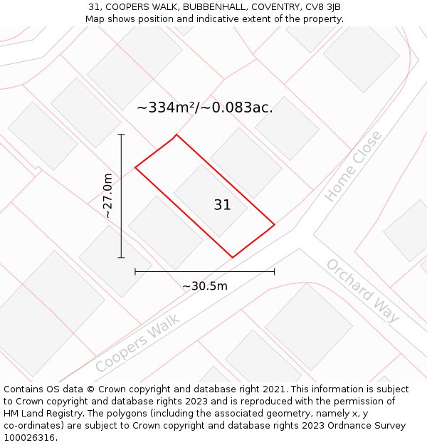 31, COOPERS WALK, BUBBENHALL, COVENTRY, CV8 3JB: Plot and title map