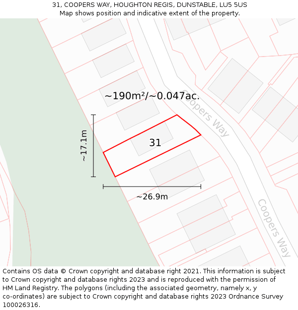 31, COOPERS WAY, HOUGHTON REGIS, DUNSTABLE, LU5 5US: Plot and title map