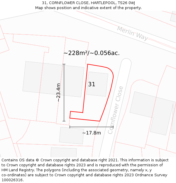 31, CORNFLOWER CLOSE, HARTLEPOOL, TS26 0WJ: Plot and title map