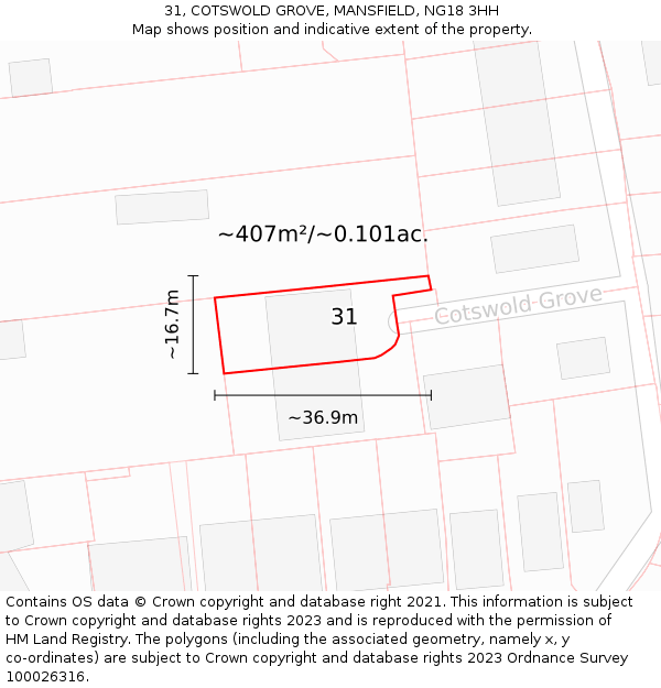 31, COTSWOLD GROVE, MANSFIELD, NG18 3HH: Plot and title map