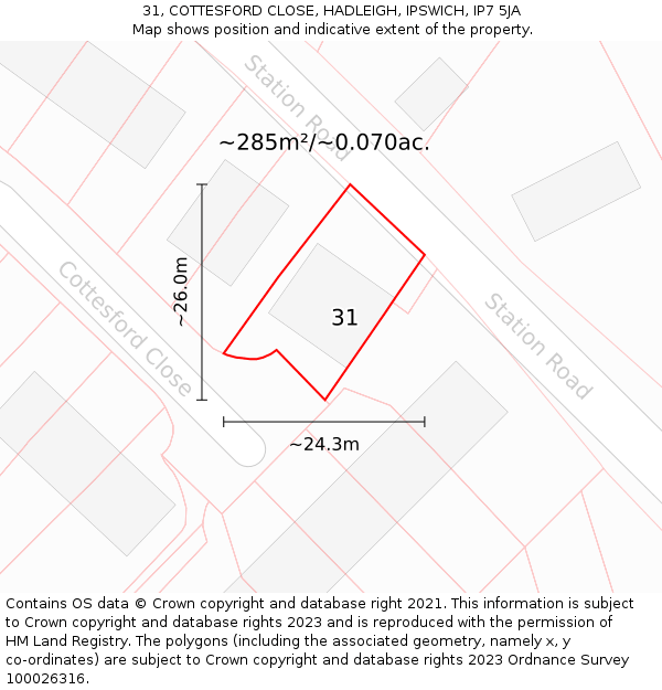 31, COTTESFORD CLOSE, HADLEIGH, IPSWICH, IP7 5JA: Plot and title map