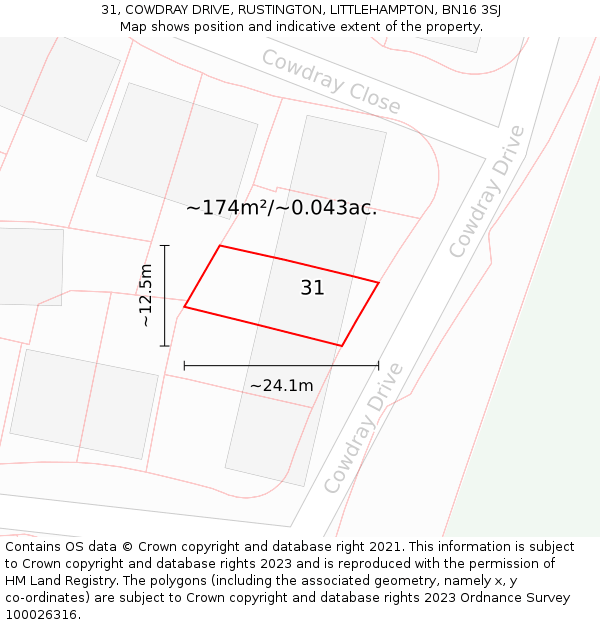 31, COWDRAY DRIVE, RUSTINGTON, LITTLEHAMPTON, BN16 3SJ: Plot and title map