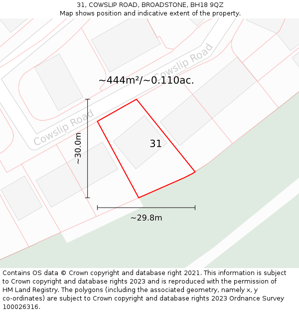 31, COWSLIP ROAD, BROADSTONE, BH18 9QZ: Plot and title map