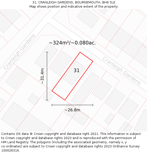 31, CRANLEIGH GARDENS, BOURNEMOUTH, BH6 5LE: Plot and title map