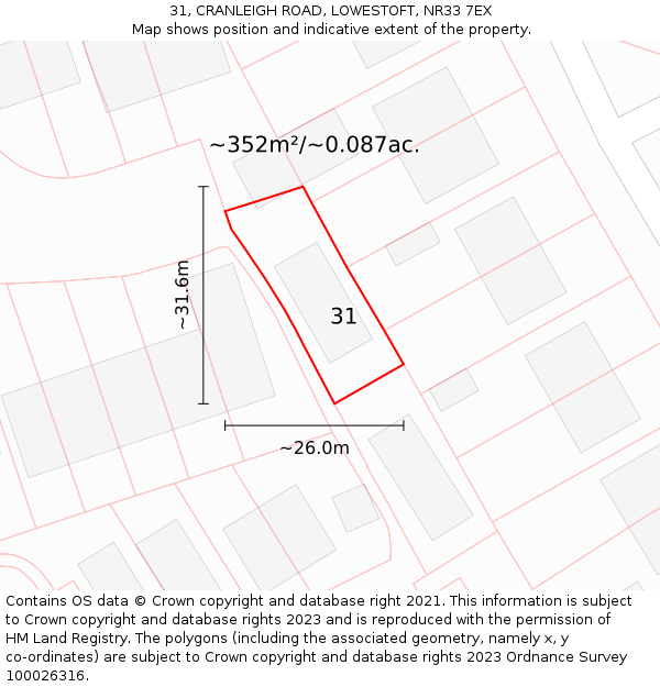 31, CRANLEIGH ROAD, LOWESTOFT, NR33 7EX: Plot and title map