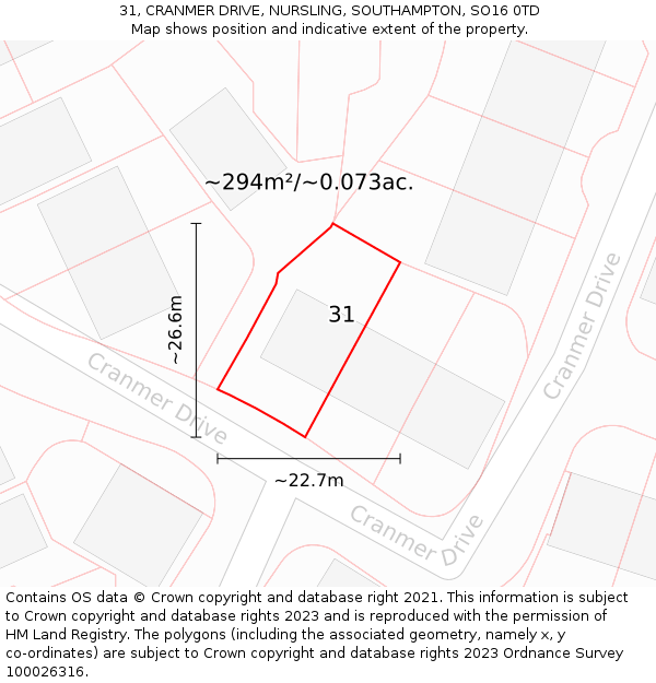 31, CRANMER DRIVE, NURSLING, SOUTHAMPTON, SO16 0TD: Plot and title map