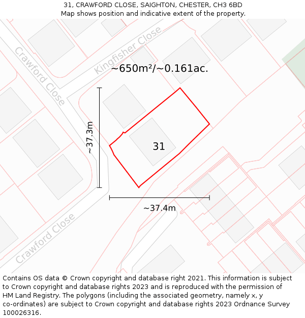 31, CRAWFORD CLOSE, SAIGHTON, CHESTER, CH3 6BD: Plot and title map