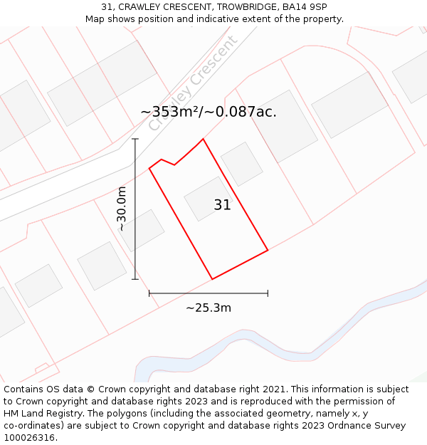 31, CRAWLEY CRESCENT, TROWBRIDGE, BA14 9SP: Plot and title map