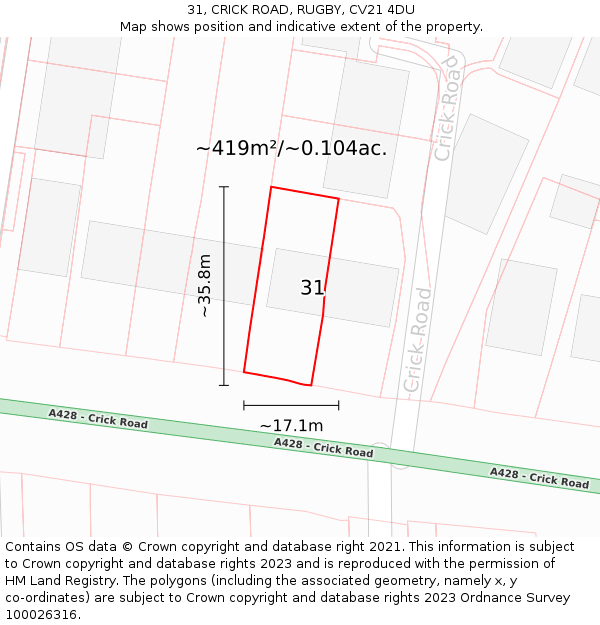 31, CRICK ROAD, RUGBY, CV21 4DU: Plot and title map