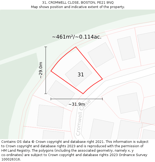 31, CROMWELL CLOSE, BOSTON, PE21 9NQ: Plot and title map