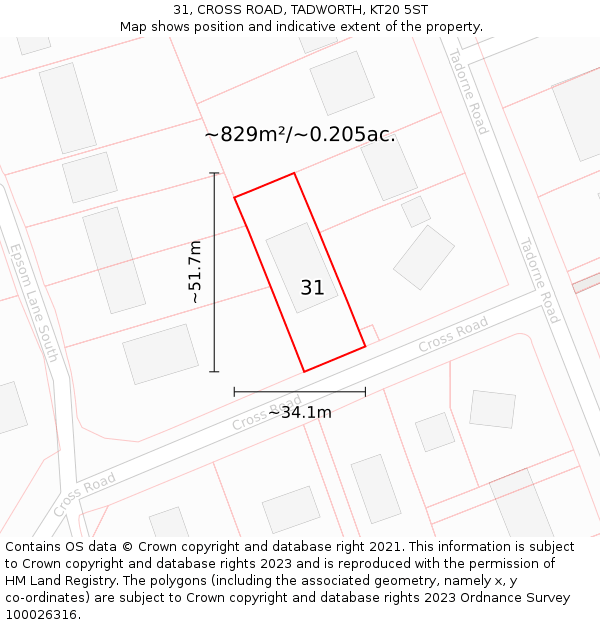 31, CROSS ROAD, TADWORTH, KT20 5ST: Plot and title map