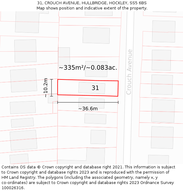 31, CROUCH AVENUE, HULLBRIDGE, HOCKLEY, SS5 6BS: Plot and title map