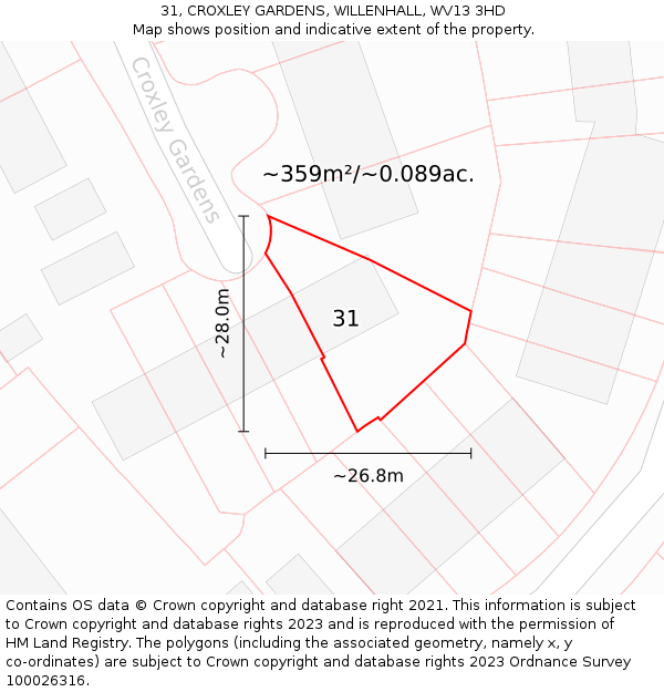 31, CROXLEY GARDENS, WILLENHALL, WV13 3HD: Plot and title map