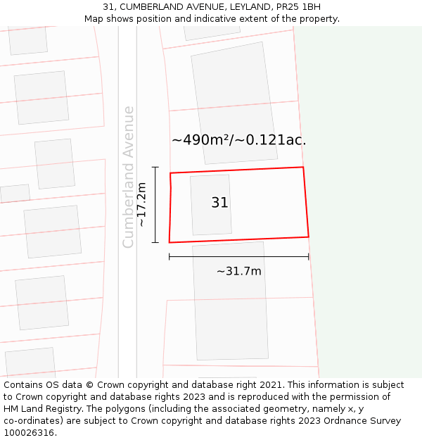 31, CUMBERLAND AVENUE, LEYLAND, PR25 1BH: Plot and title map