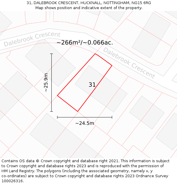 31, DALEBROOK CRESCENT, HUCKNALL, NOTTINGHAM, NG15 6RG: Plot and title map