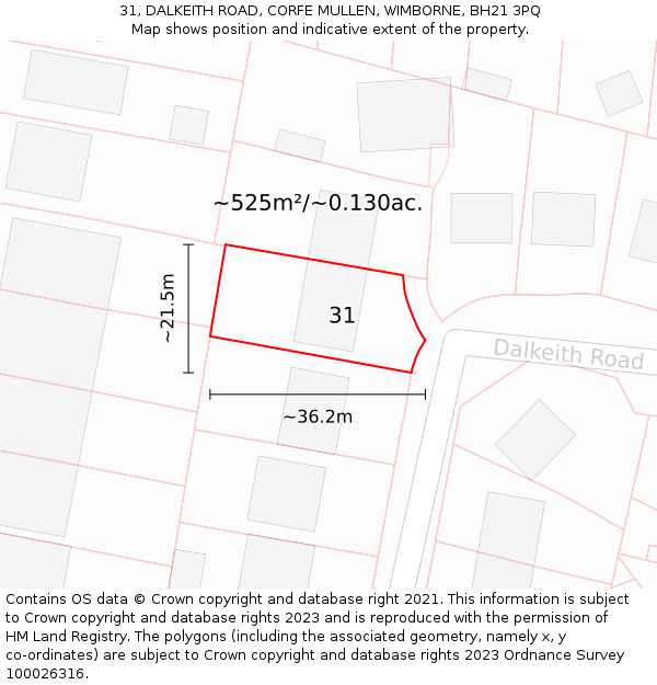 31, DALKEITH ROAD, CORFE MULLEN, WIMBORNE, BH21 3PQ: Plot and title map