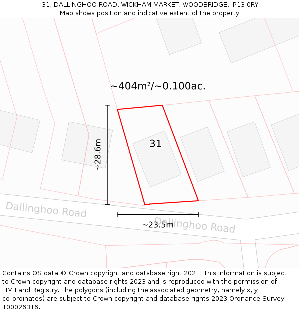 31, DALLINGHOO ROAD, WICKHAM MARKET, WOODBRIDGE, IP13 0RY: Plot and title map