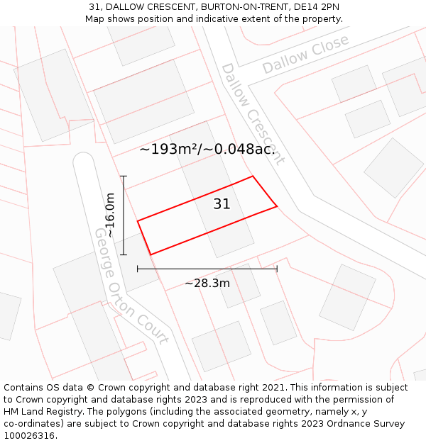31, DALLOW CRESCENT, BURTON-ON-TRENT, DE14 2PN: Plot and title map