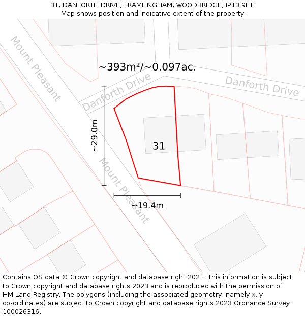 31, DANFORTH DRIVE, FRAMLINGHAM, WOODBRIDGE, IP13 9HH: Plot and title map