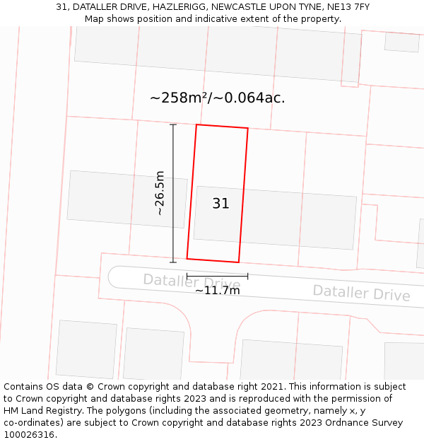 31, DATALLER DRIVE, HAZLERIGG, NEWCASTLE UPON TYNE, NE13 7FY: Plot and title map