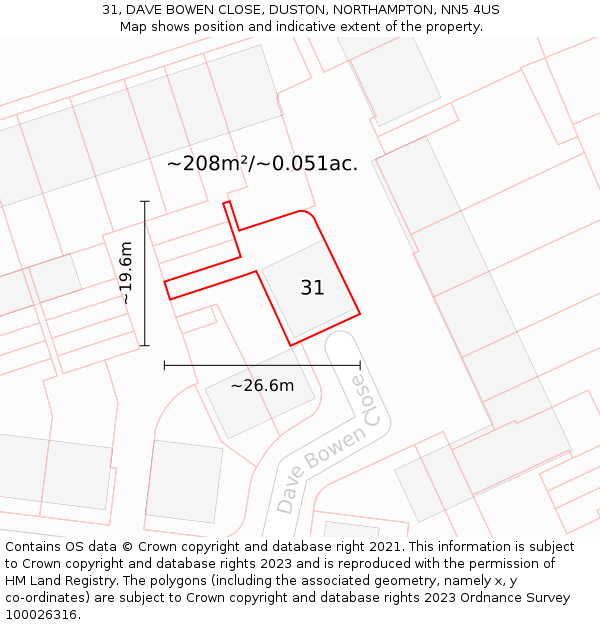 31, DAVE BOWEN CLOSE, DUSTON, NORTHAMPTON, NN5 4US: Plot and title map