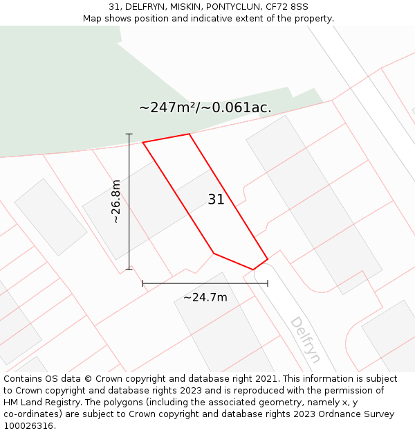 31, DELFRYN, MISKIN, PONTYCLUN, CF72 8SS: Plot and title map