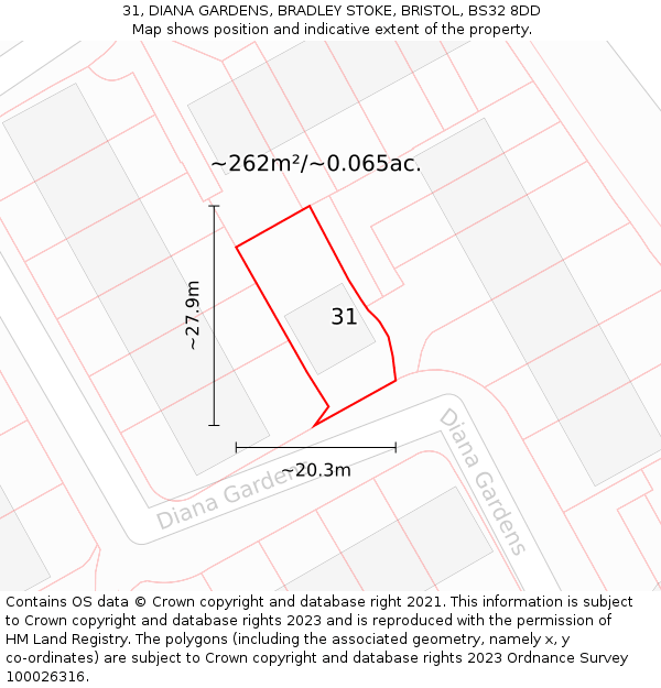 31, DIANA GARDENS, BRADLEY STOKE, BRISTOL, BS32 8DD: Plot and title map