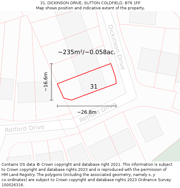 31, DICKINSON DRIVE, SUTTON COLDFIELD, B76 1FP: Plot and title map