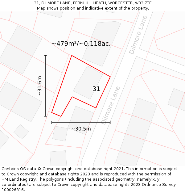 31, DILMORE LANE, FERNHILL HEATH, WORCESTER, WR3 7TE: Plot and title map