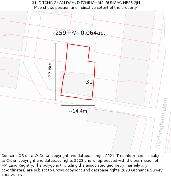 31, DITCHINGHAM DAM, DITCHINGHAM, BUNGAY, NR35 2JH: Plot and title map