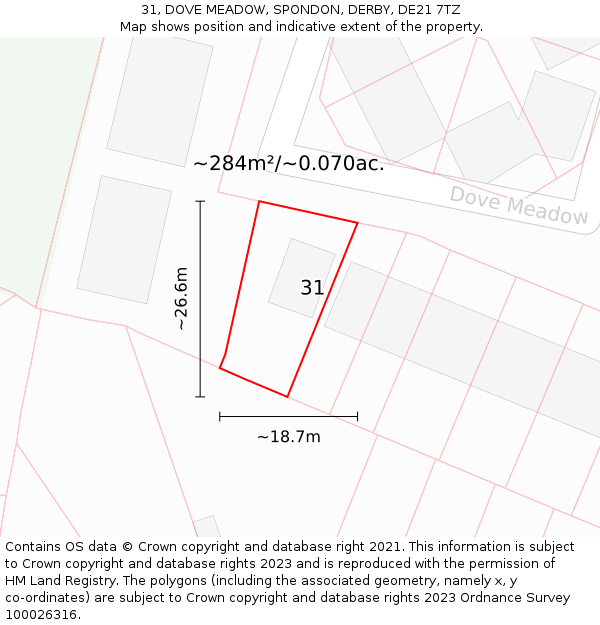 31, DOVE MEADOW, SPONDON, DERBY, DE21 7TZ: Plot and title map