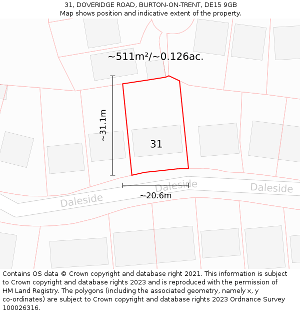 31, DOVERIDGE ROAD, BURTON-ON-TRENT, DE15 9GB: Plot and title map